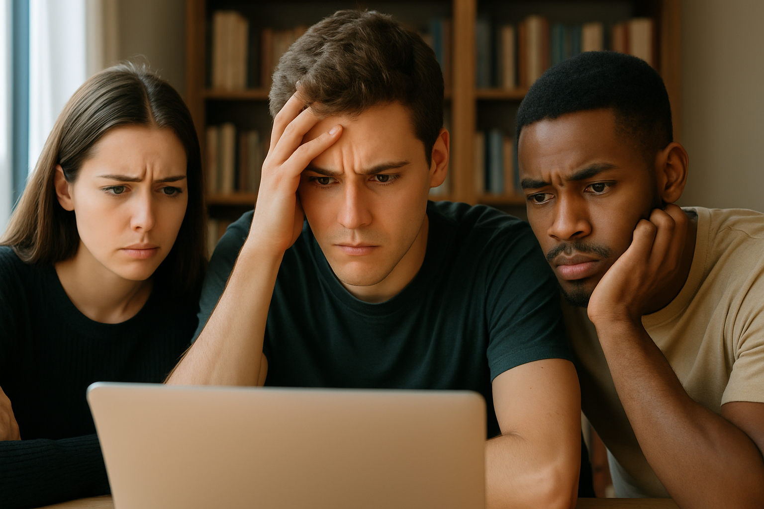 Tres estudiantes universitarios observan preocupados la pantalla de un portátil durante la revisión de una monografía.