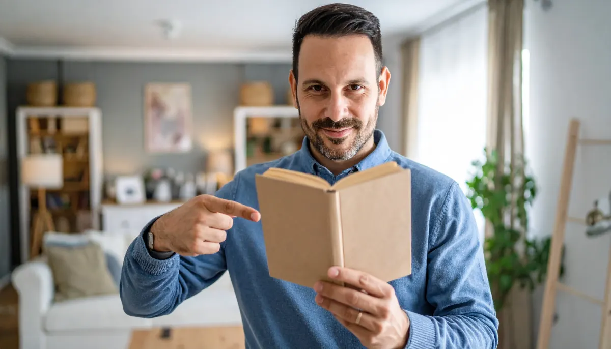 La imagen muestra a un estudiante consultando un libro en un entorno doméstico luminoso, enfatizando la importancia de informarse y reflexionar antes de elegir el enfoque metodológico para su proyecto de tesis. El individuo señala el libro, representando el proceso de análisis y decisión que determina la dirección y el avance de la investigación académica. La escena sugiere la dedicación y concentración necesarias para definir entre enfoques cualitativos, cuantitativos o mixtos, así como la relevancia de optar por métodos que estén alineados con los objetivos y recursos del trabajo universitario.