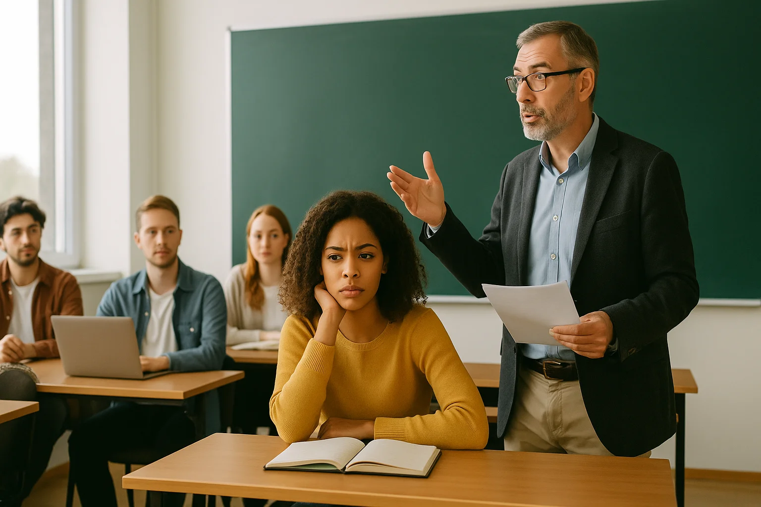 Profesor explicando en un aula mientras una estudiante se muestra confundida, imagen de Tesis y Másters Colombia sobre asesoría, corrección y apoyo académico para superar dificultades en tesis y proyectos universitarios.