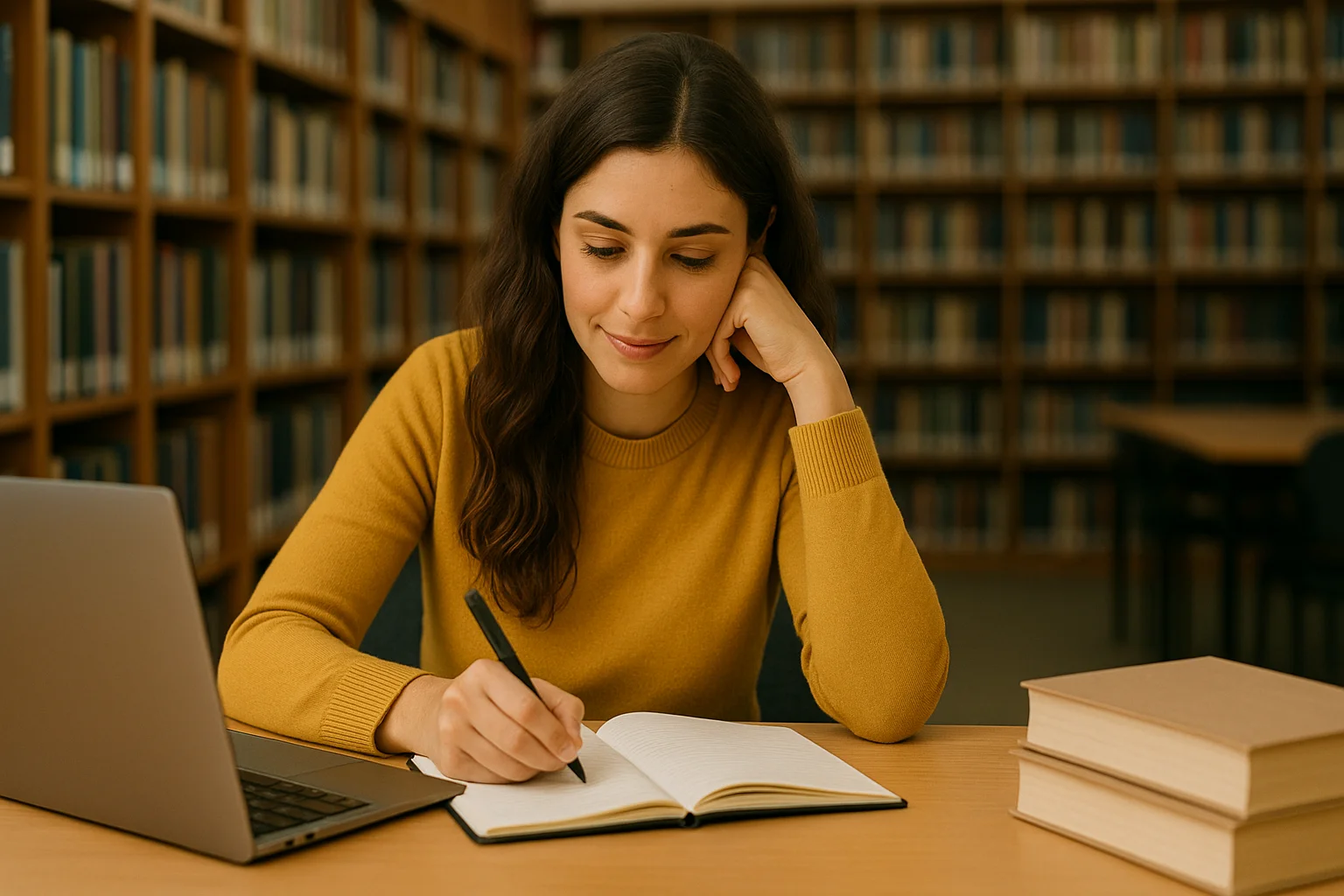 Estudiante escribiendo en un cuaderno junto a una laptop en una biblioteca, imagen de Tesis y Másters Colombia sobre asesoría, corrección y apoyo para tesis y proyectos académicos.