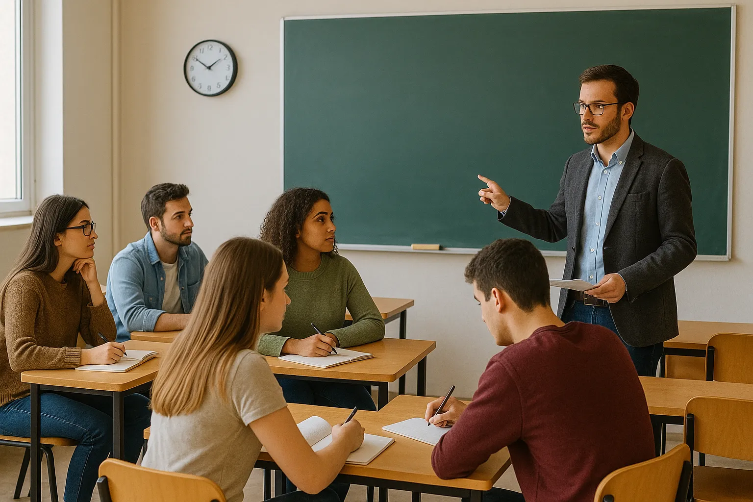 Profesor explicando una clase a estudiantes en un aula universitaria, imagen de Tesis y Másters Colombia sobre asesoría, acompañamiento y apoyo académico para tesis y proyectos universitarios.