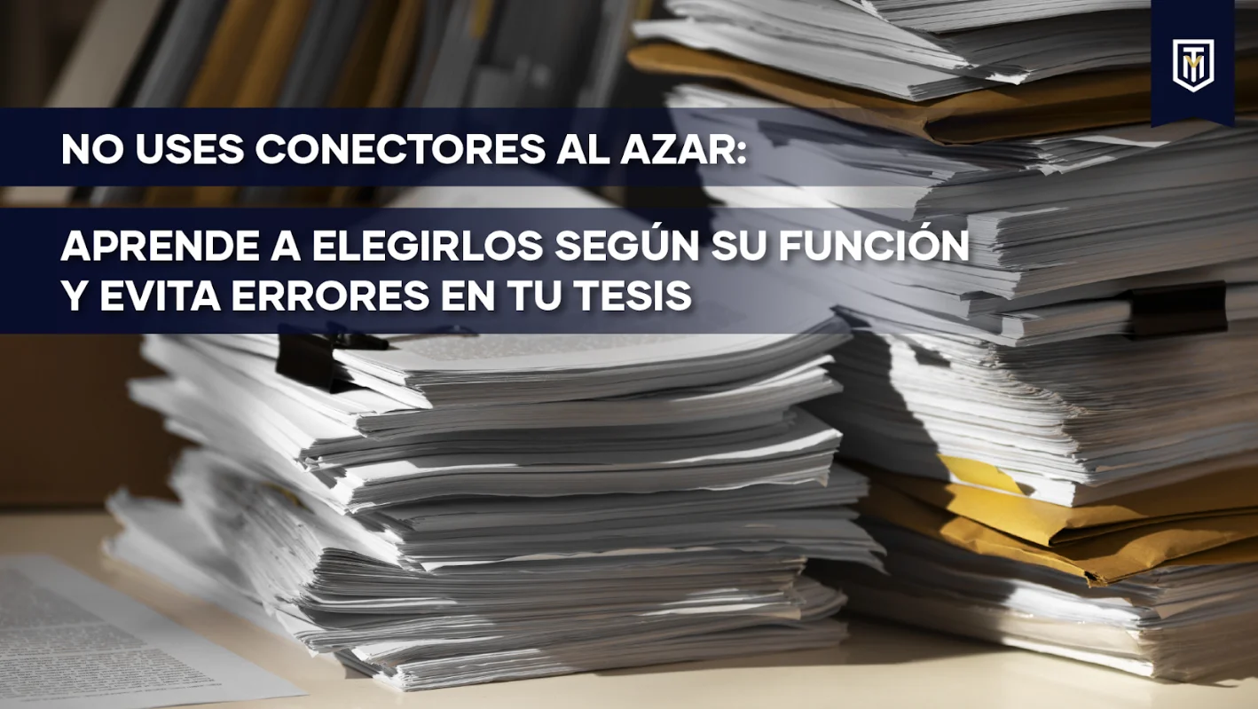 Pilas de documentos académicos junto al texto “No uses conectores al azar: aprende a elegirlos según su función y evita errores en tu tesis”, contenido de Tesis y Másters Colombia sobre redacción, corrección y apoyo para tesis.