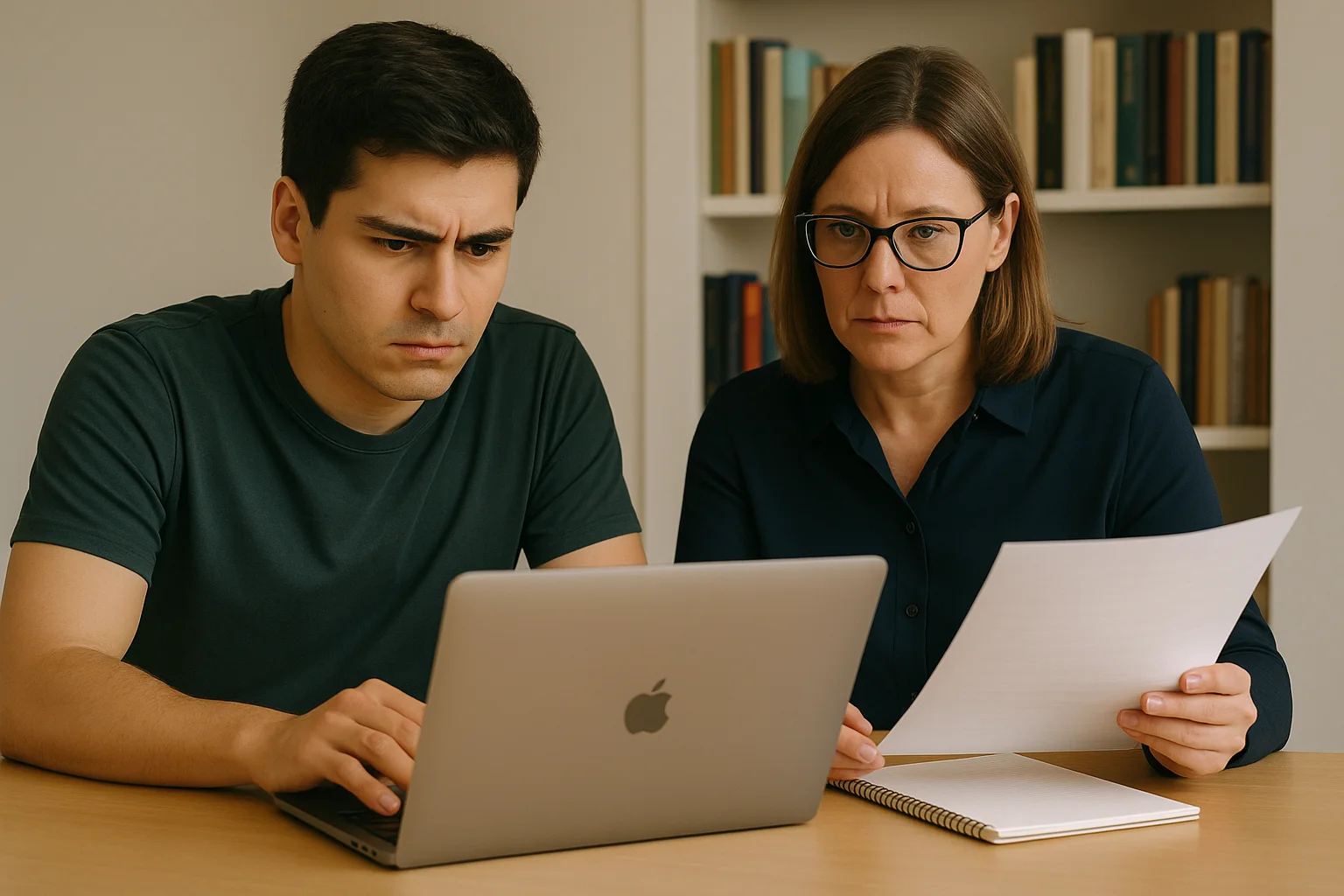 Estudiante y asesora revisando un documento académico frente a una laptop, imagen de Tesis y Másters Colombia sobre corrección, asesoría y apoyo para tesis o proyectos universitarios.