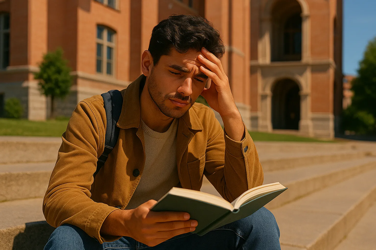 Estudiante preocupado leyendo un libro frente a una universidad, imagen de Tesis y Másters Colombia sobre orientación, corrección y apoyo para avanzar con tesis y proyectos académicos.