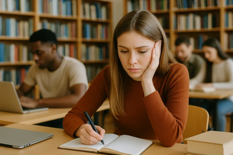 Estudiante concentrada tomando apuntes en una biblioteca universitaria, imagen de Tesis y Másters Colombia sobre asesoría, corrección y apoyo para avanzar con tesis y proyectos académicos.
