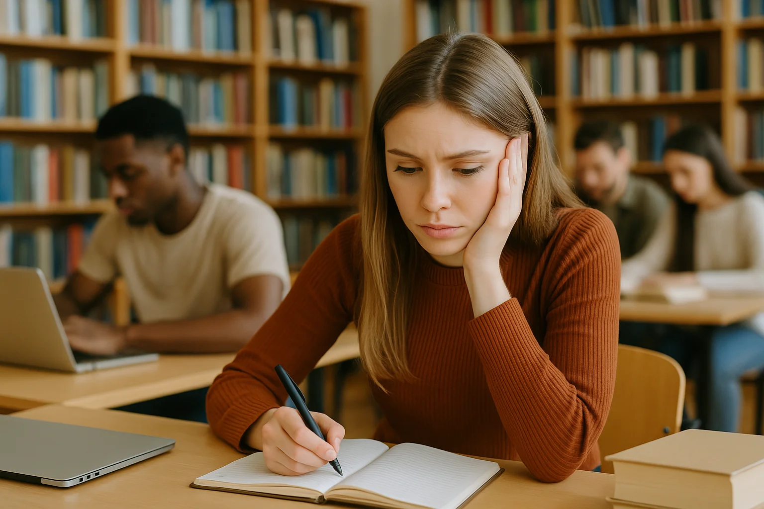 Estudiante concentrada tomando apuntes en una biblioteca universitaria, imagen de Tesis y Másters Colombia sobre asesoría, corrección y apoyo para avanzar con tesis y proyectos académicos.