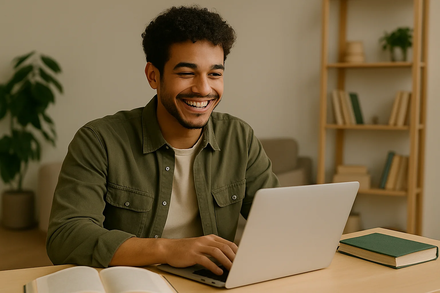 Estudiante sonriendo mientras trabaja en una laptop con libros sobre la mesa, imagen de Tesis y Másters Colombia sobre asesoría, corrección y apoyo para tesis y proyectos académicos.