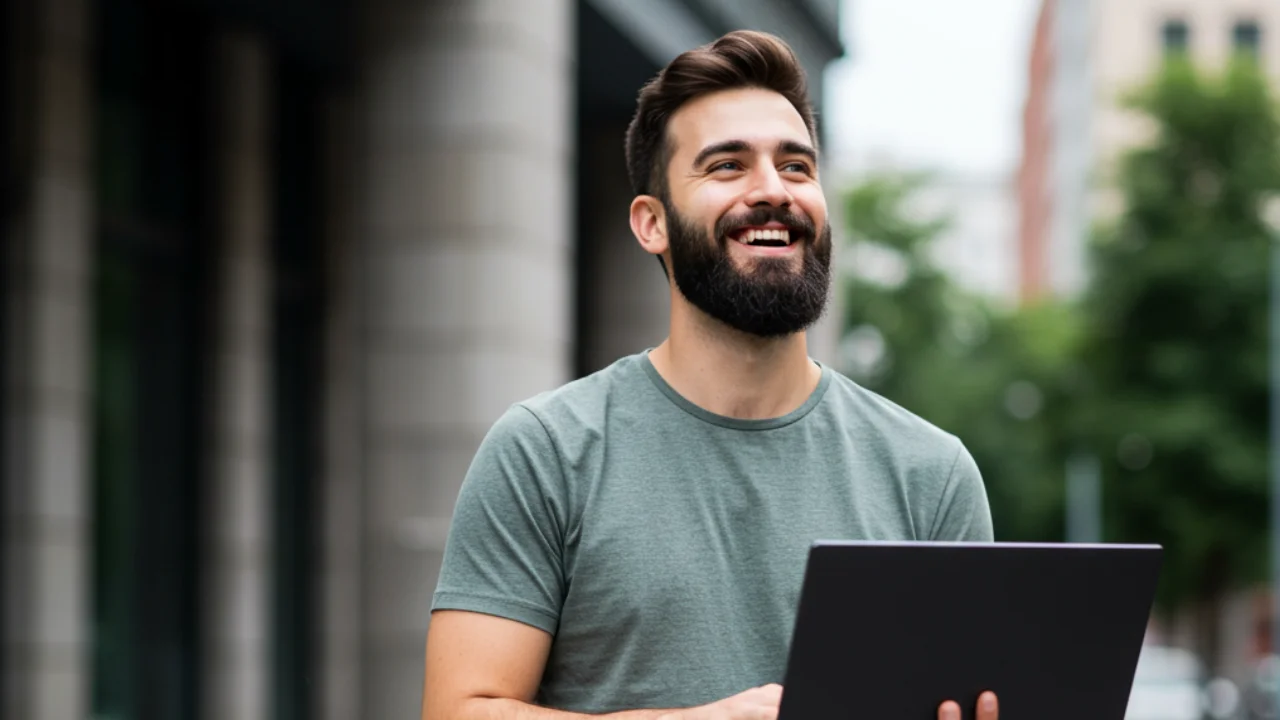 Profesional sonriendo mientras sostiene una laptop, imagen de Tesis y Másters Colombia sobre asesoría, corrección y apoyo académico para avanzar con tesis y proyectos universitarios.