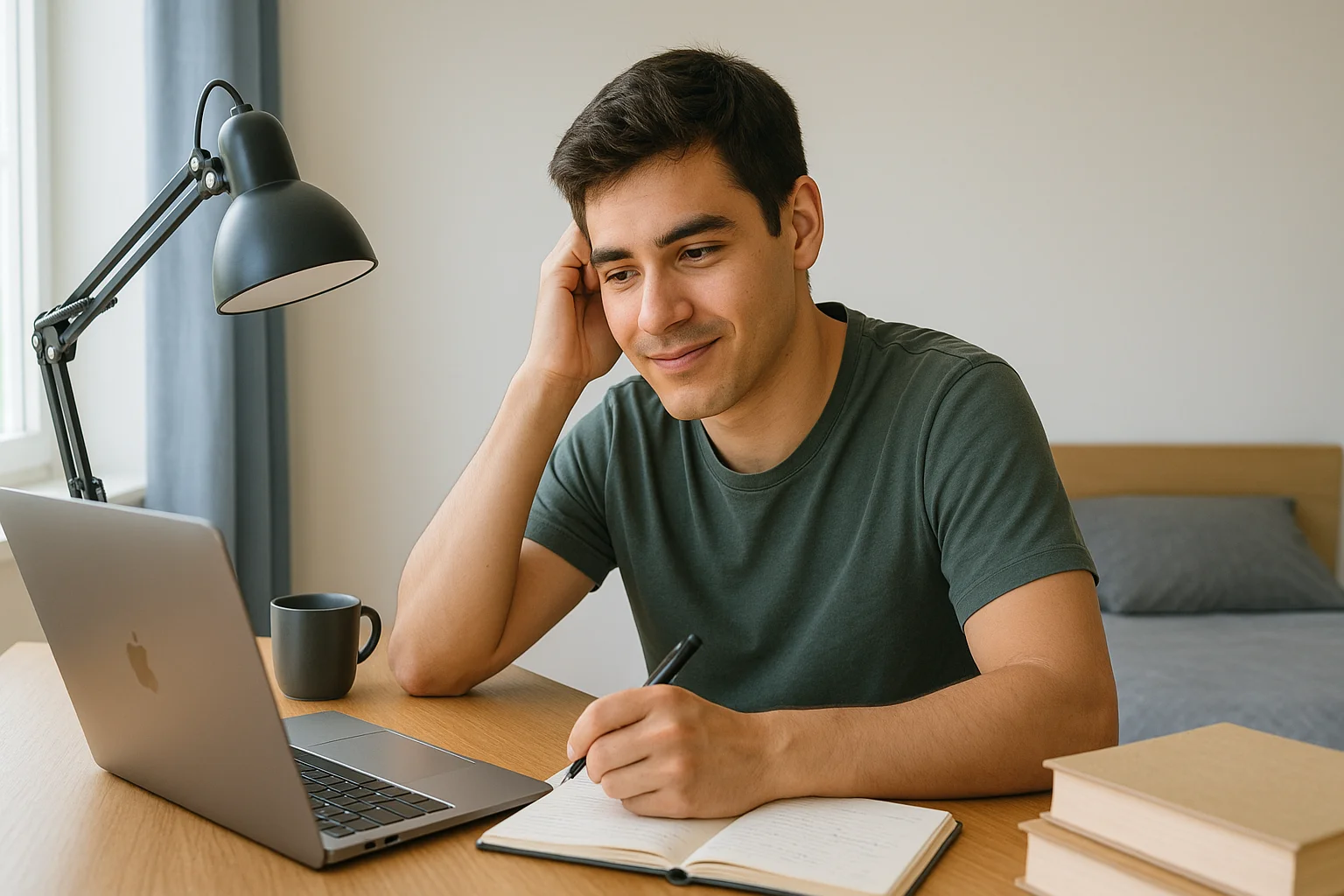 Estudiante tomando apuntes frente a una laptop en su escritorio, imagen de Tesis y Másters Colombia sobre asesoría, corrección y apoyo académico para tesis y proyectos universitarios.