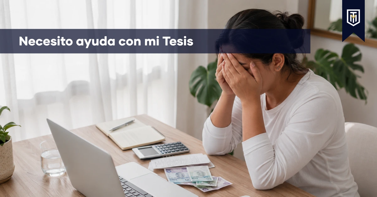 Persona preocupada frente a una laptop con el texto “Necesito ayuda con mi tesis”, imagen de Tesis y Másters Colombia sobre asesoría, corrección y apoyo académico para avanzar con tesis o proyectos universitarios.
